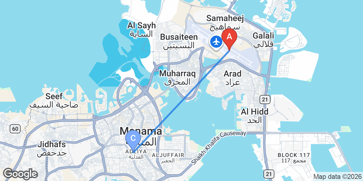 Transit map — Manama airport to city center