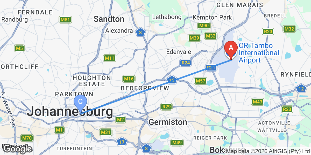 Transit map — Johannesburg airport to city center