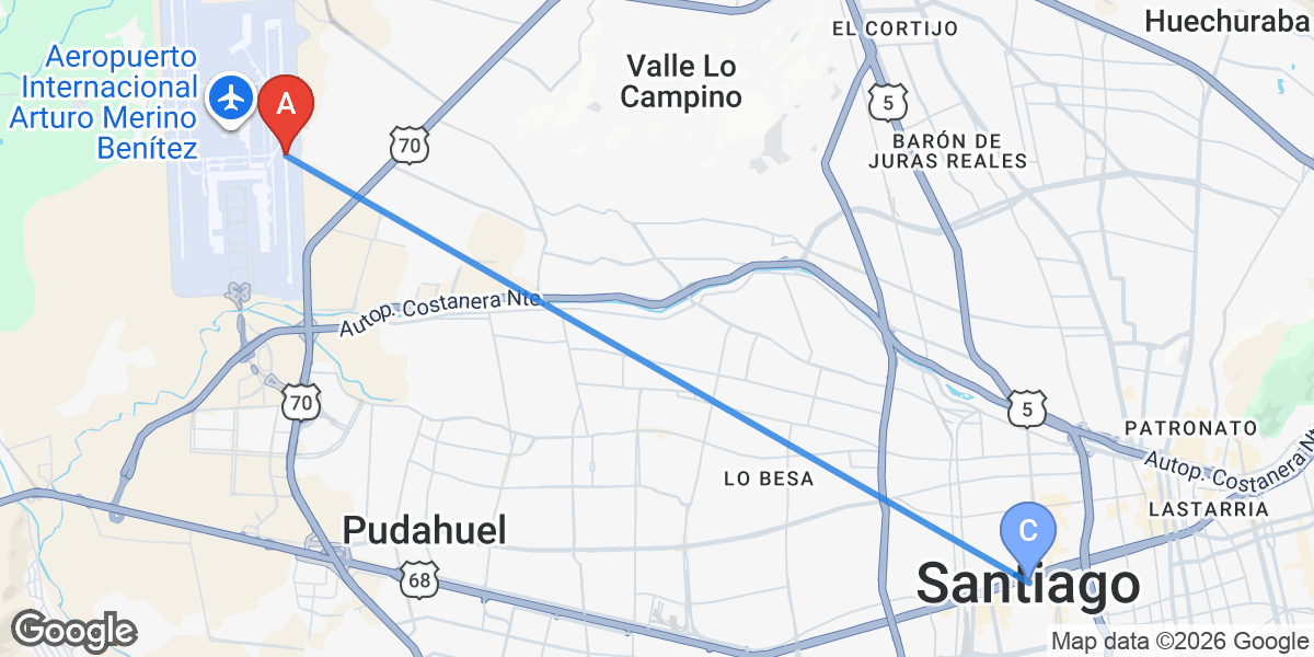 Transit map — Santiago airport to city center