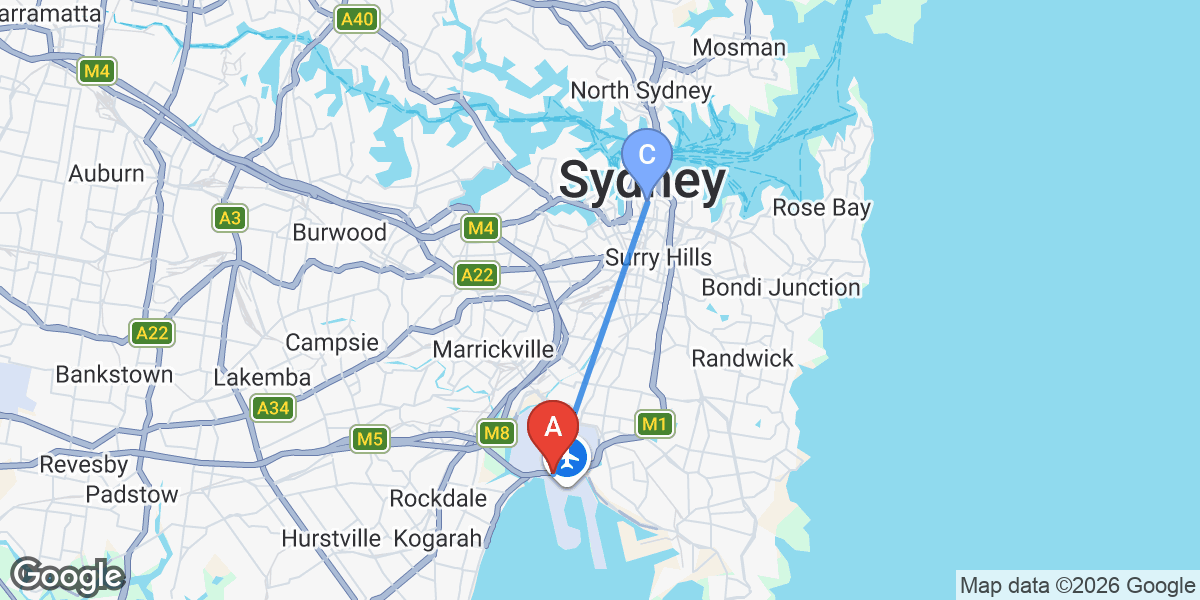 Transit map — Sydney (Mascot) airport to city center